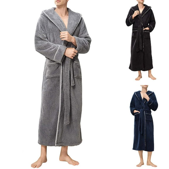 RYDCOT Mens Long Robes with Hood Full Length Hooded Bathrobe Long Sleeve Housecoat Nightgown Navy