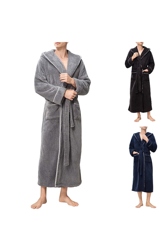 Mens Long Robes with Hood Full Length Hooded Bathrobe Long Sleeve Housecoat Nightgown Navy