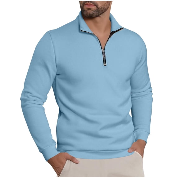 RYDCOT Mens Long-Sleeve Quarter-Zip Pullover Polo Sweater Lightweight Fleece Sweatshirt No Hood Sky Blue