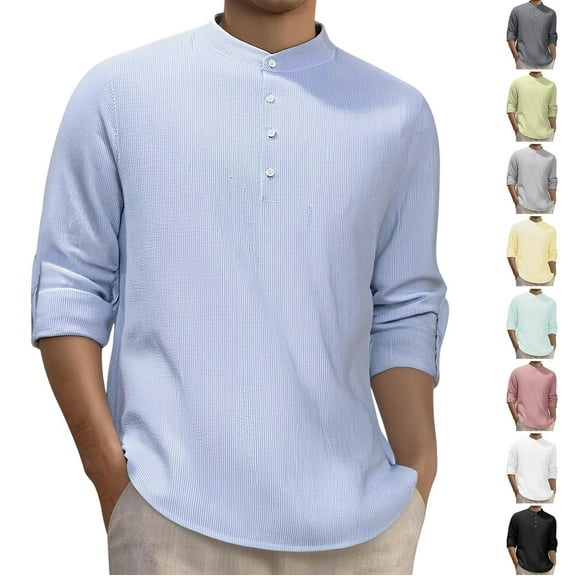 RYDCOT Mens Long Sleeve Shirt Button Down Casual Loose Fit Shirts Stand up Collar Long Sleeve Tops White