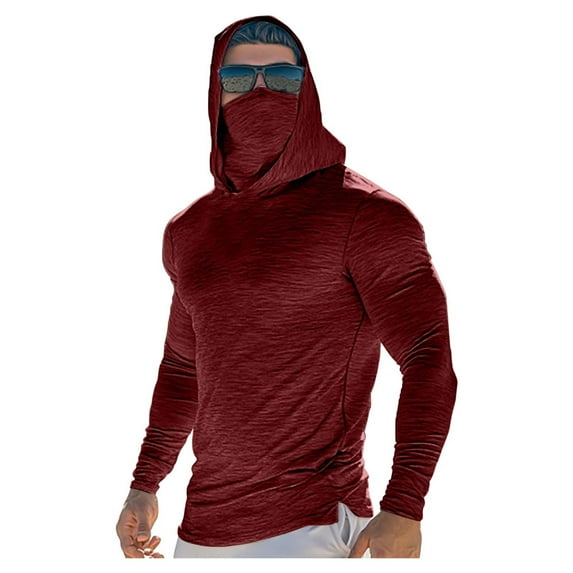 RYDCOT Mens Long Sleeve Sun Protection Shirts with Mask UPF 50+ Fishing Rash Guard Hoodies Hiking UV Shirts with Hooded Wine