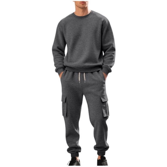 RYDCOT Mens Loose Sweatsuits 2 Piece Sets Round Neck Long Sleeve Pullover Sweatshirt Drawstring Cargo Pants Casual Jogger Suits Sets Dark Gray