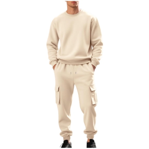 RYDCOT Mens Loose Sweatsuits 2 Piece Sets Round Neck Long Sleeve Pullover Sweatshirt Drawstring Cargo Pants Casual Jogger Suits Sets Khaki