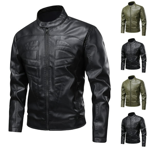 RYDCOT Mens Matte Leather Jacket Long Sleeved Fashion Casual Stand up Collar Leather Jacket Top Green