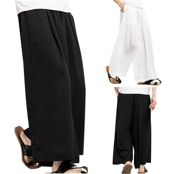 RYDCOT Mens Mid Waist Straight Leg Pants Casual Loose Wide Leg Baggy Pants Summer Elastic Waist Yoga Beach Trousers White