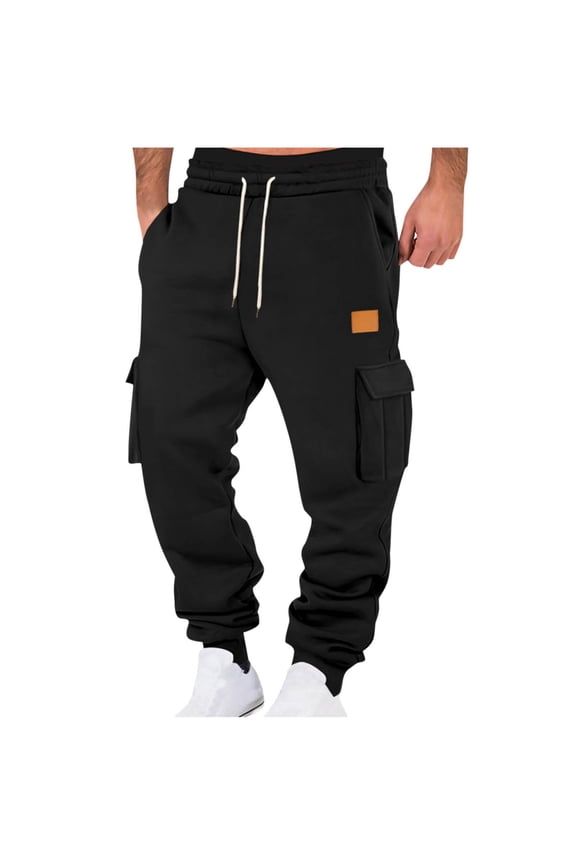 Mens New Sweatpants with Multiple Pockets Basic Running Drawstring Fitness Run Sweat Pants Black