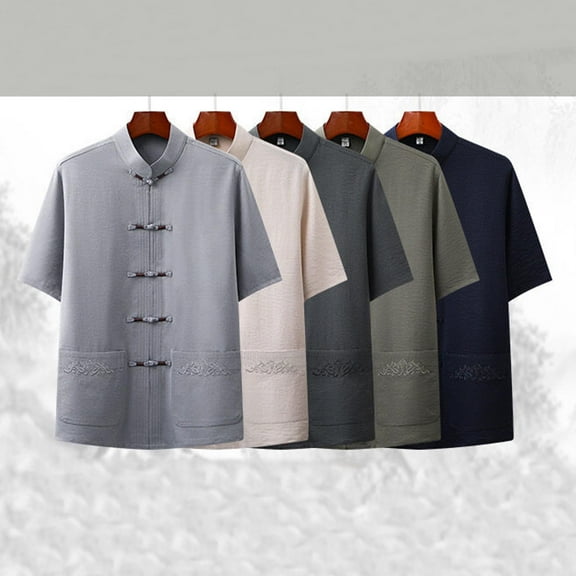 RYDCOT Mens Nylon Chinese Embroidered Short Sleeve Shirt Mandarin Frog Button Front Standing Collar Button Cardigan Navy