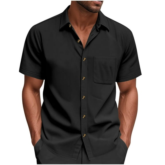 RYDCOT Mens Nylon Lapel Shirts Short Sleeve Button Down Shirts Wrinkle Free Casual Vacation Beach Summer T-Shirt Tops with Pocket Black