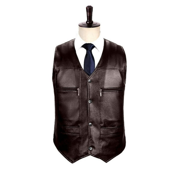 RYDCOT Mens PU Leather Warm Casual Vests Casual Western Cowboy Vest V-neck Jacket Lightweight Slim Fit Jacket Brown