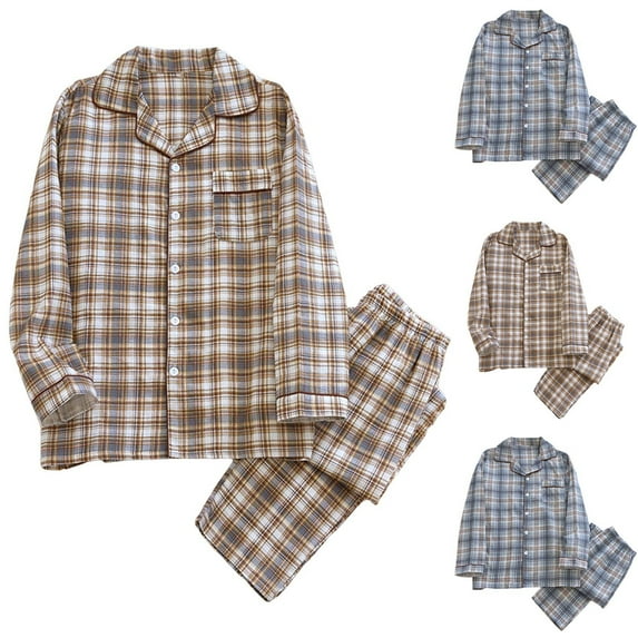 RYDCOT Mens Pajama Set Button Classic Lapel Comfy Long Sleeve Pajamas for Men Lounge Plaid Pajama Set Coffee