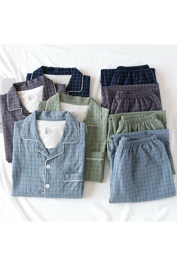 Mens Pajama Set Soft Cotton Button Down Notched Collar Pjs Long Sleeve Broadcloth 2 Piece Sleepwear Lounge Nightwear with Pocket Navy