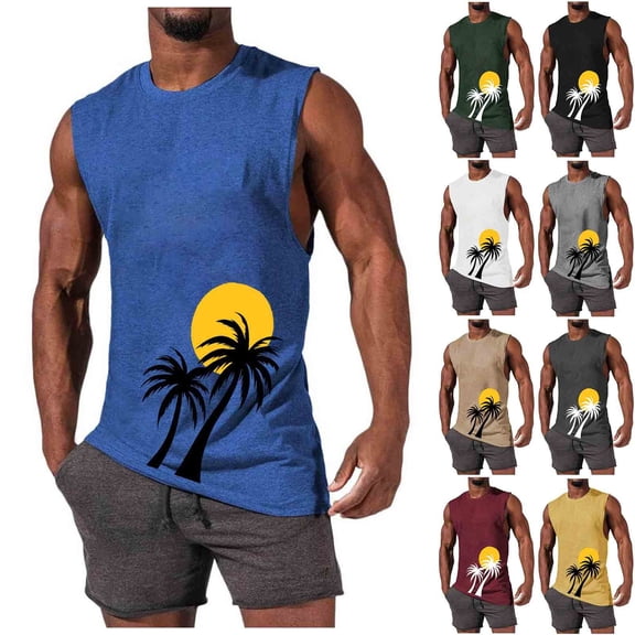 RYDCOT Mens Palm Tree Print Sleeveless Cotton Tank Tops Workout Cut off Shirts Muscle Gym T Shirts Yellow