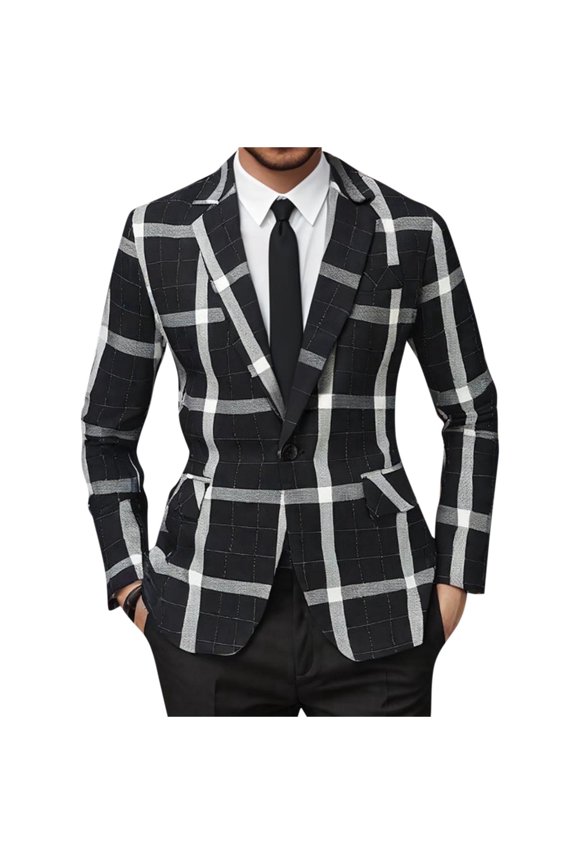 Mens Plaid Blazer Dress Suit Jacket Sports Coat Casual Slim Fit One Button Checkered Blazer for Men Wedding Black