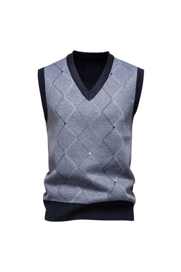 Mens Plaid British Style Argyle Sweater Vests Classic V-Neck Knitwear Sleeveless Pullover Fall Winter Warm Tank Tops Gray