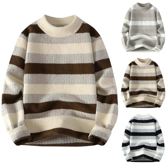 RYDCOT Mens Plush Striped Sweater Long Sleeve Crewneck Elastic Knitted Warm Sweater Fall Winter Tops Khaki
