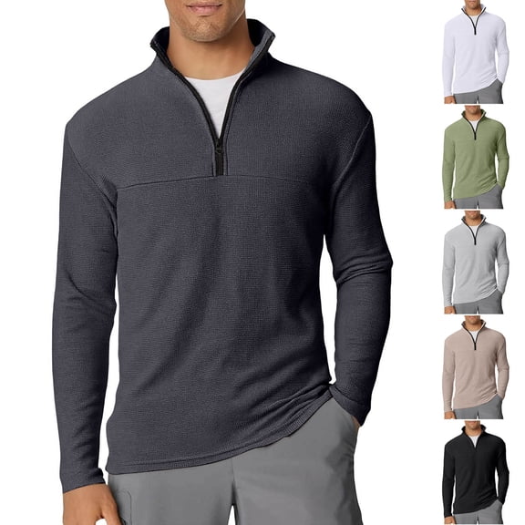 RYDCOT Mens Quarter Zip Sweatshirt Long Sleeve Quilted Pullover Casual Mock Neck Polo Sweater Slim Fit Golf Shirts White