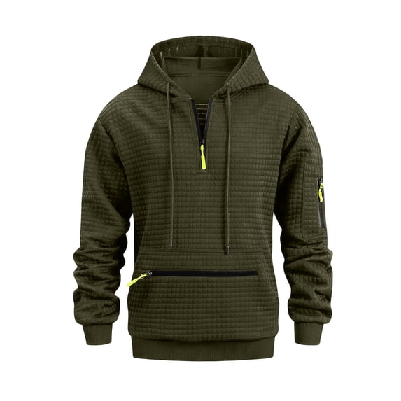 RYDCOT Mens Quarter Zip Waffle Hoodie - Performance Fleece 1/4 Zip Pullover Sweatshirt Mens Golf Shirts for Workout Hiking Running Army Green