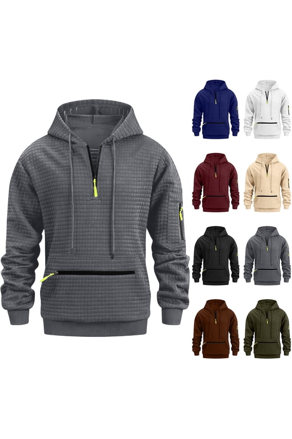 Mens Quarter Zip Waffle Hoodie - Performance Fleece 1/4 Zip Pullover Sweatshirt Mens Golf Shirts for Workout Hiking Running White