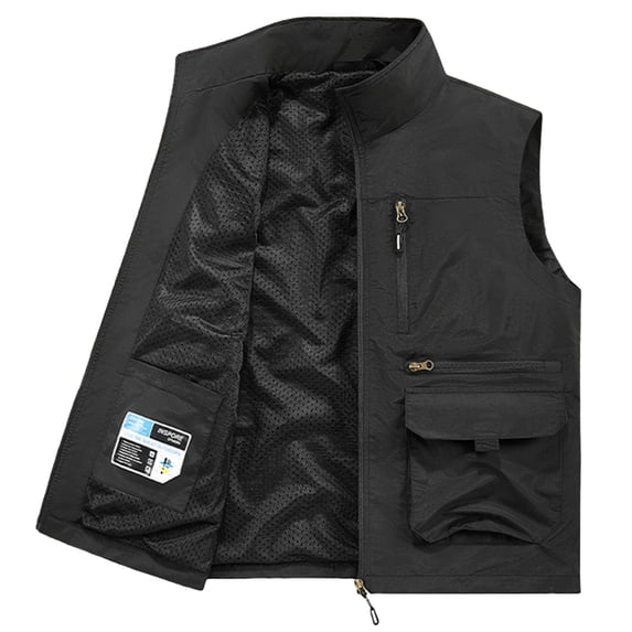 RYDCOT Mens Quick Dry Waterproof Fishing Vests Lightweight Sleeveless Utility Cargo Jackets with Zipper Pockets for Outdoor Travel Hiking Black