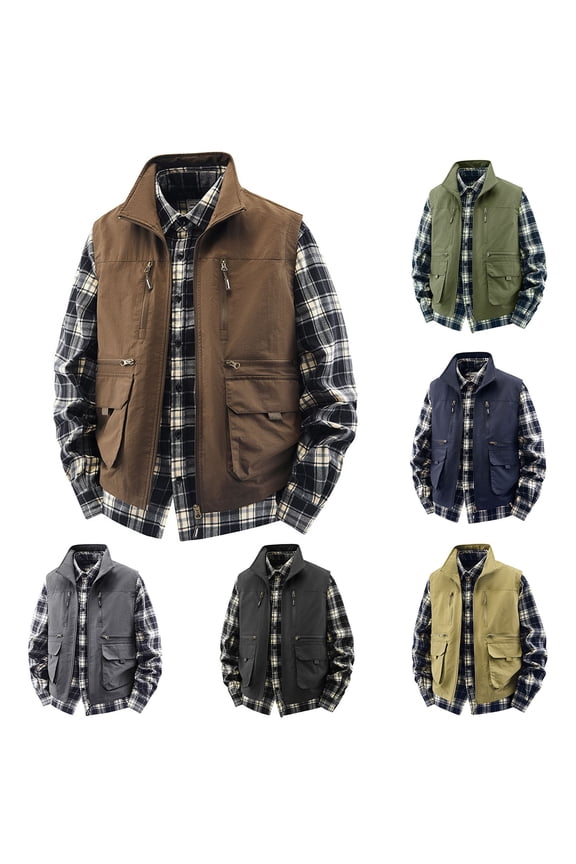 Mens Quick Dry Waterproof Fishing Vests Lightweight Sleeveless Utility Cargo Jackets with Zipper Pockets for Outdoor Travel Hiking Khaki