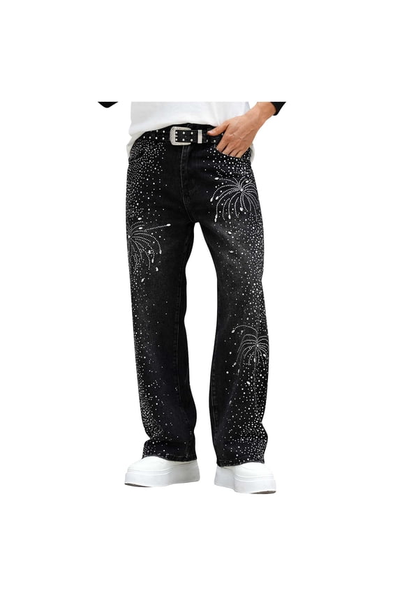 Mens Rhinestone Jeans Vintage Baggy Sparkly Pearl Bling Jeans Chic Wide Leg Denim Pants for Womens Y2K Grunge Clothes Black