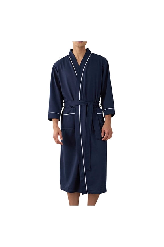 Mens Robes, Waffle Casual Sleepwear for Men, Mens Cardigan Loose Bathrobes Navy