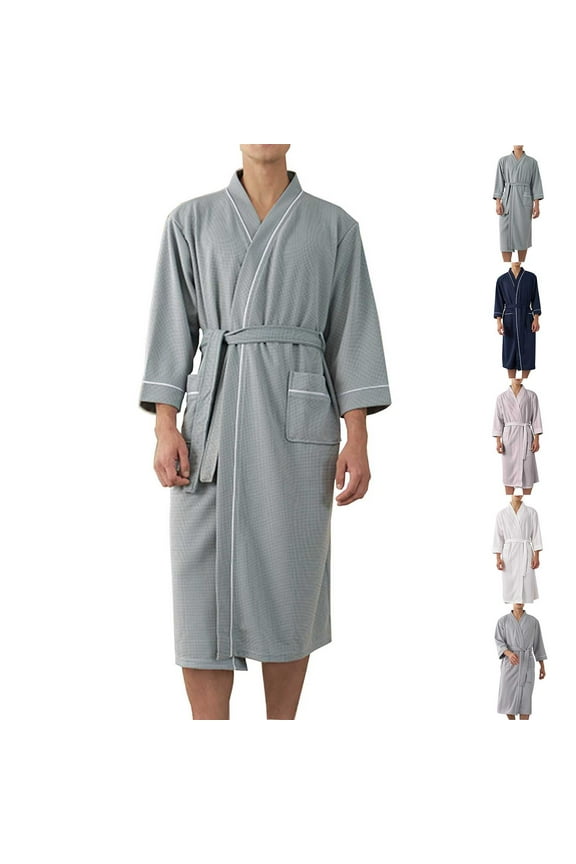 Mens Robes, Waffle Casual Sleepwear for Men, Mens Cardigan Loose Bathrobes White