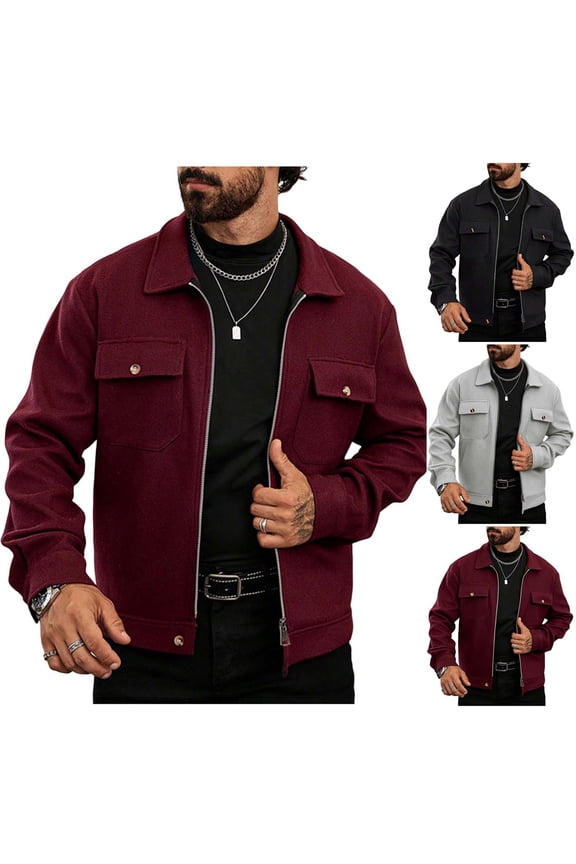 Mens Sai Jacket Military Full Zip Woollen Cargo Jacket Windproof Multi Pockets Outdoor Field Coat Wine