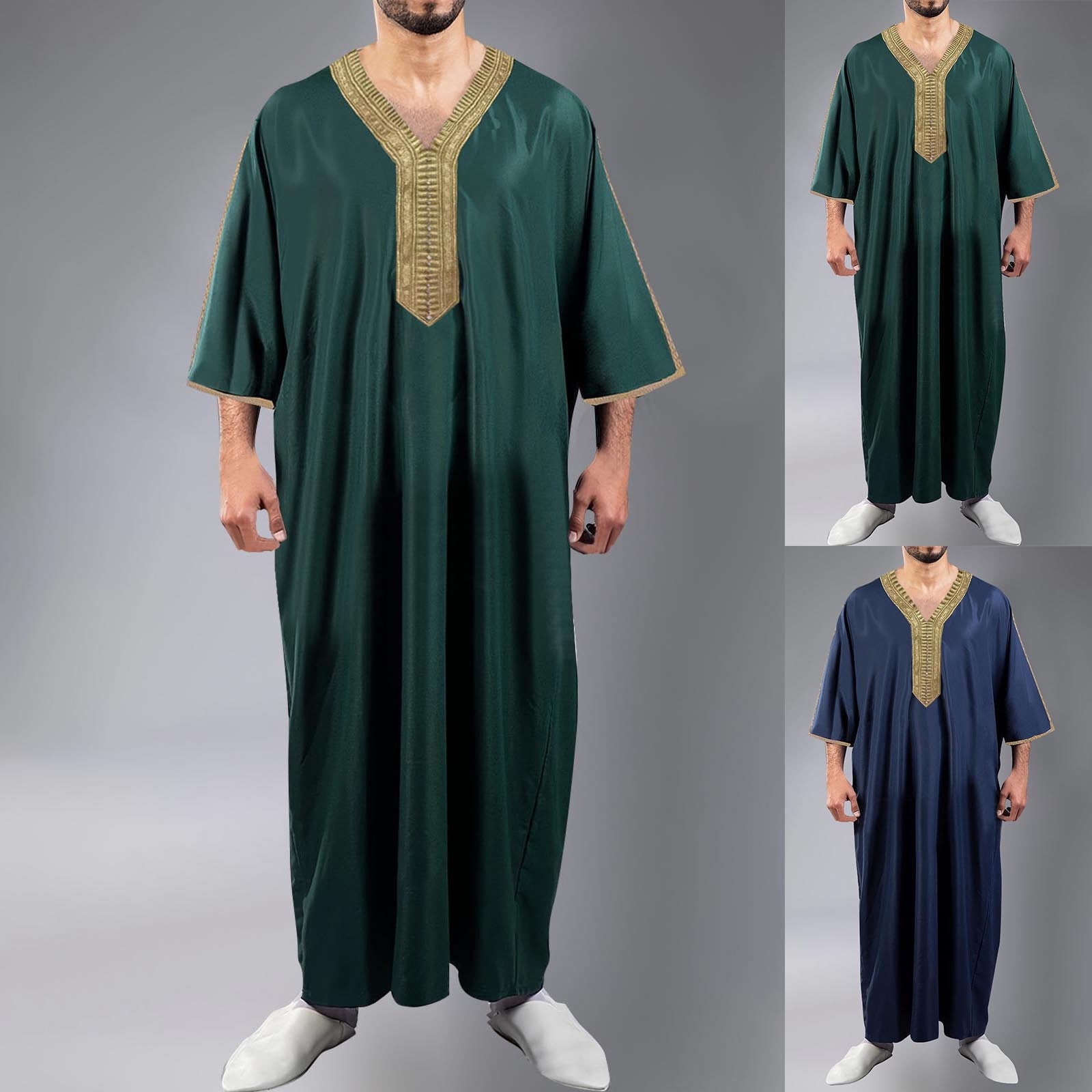 Thobe Robe RYDCOT Mens Satin Kaftan Thobe V-Neck Half Sleeve Muslim Robe Dubai ...
