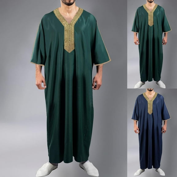 RYDCOT Mens Satin Kaftan Thobe V-Neck Half Sleeve Muslim Robe Dubai Long Gown Saudi Arab Thobe Robes for Summer Beach Navy