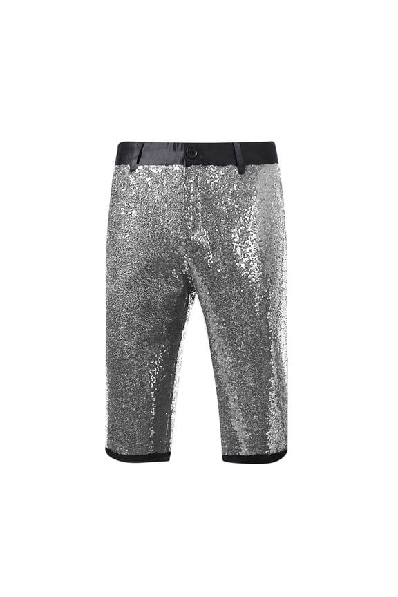Mens Sequin Straight Leg Shorts 7 Inch Inseam Sparkling 70s Rave Outfits Shinny Disco Shorts with Pockets Elastic Waist High Waist Bottoms Gray