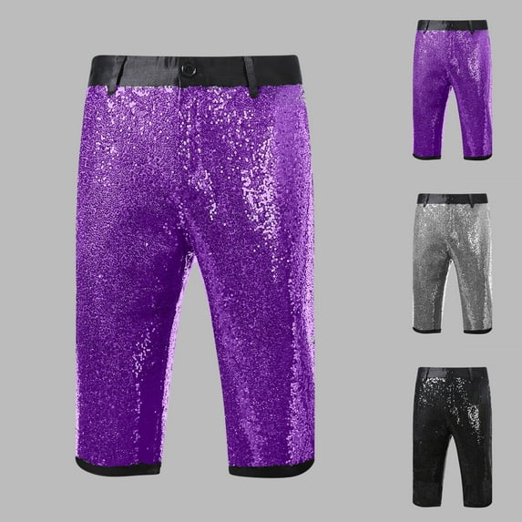 RYDCOT Mens Sequin Straight Leg Shorts 7 Inch Inseam Sparkling 70s Rave Outfits Shinny Disco Shorts with Pockets Elastic Waist High Waist Bottoms Purple
