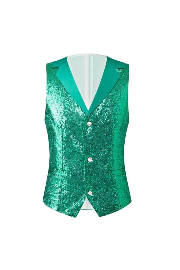 Mens Sequins Vest formal/Leisure V-Neck Shiny Waistcoat Prom Party Dress Tuxedo Green