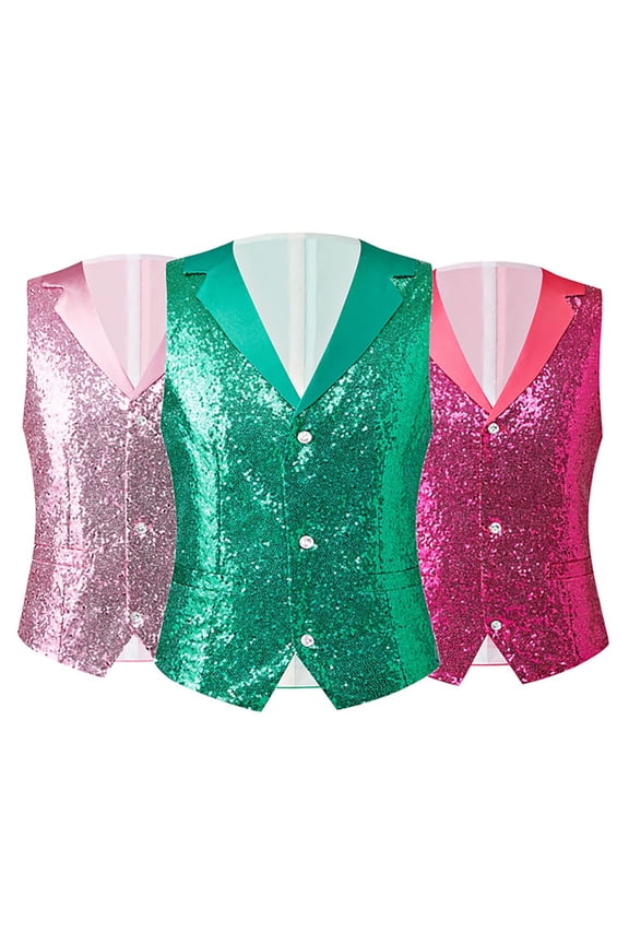 Mens Sequins Vest formal/Leisure V-Neck Shiny Waistcoat Prom Party Dress Tuxedo Pink