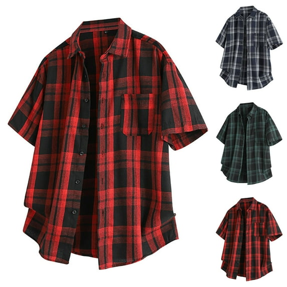 RYDCOT Mens Short Sleeve Button Down Plaid Shirts Soft Breathable Summer Vintage Regular Fit Lightweight Men's Casual Shirt Red