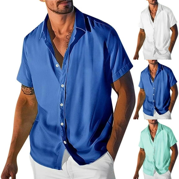 RYDCOT Mens Short Sleeve Button Down Shirts Casual Stretch Luxury Satin Silk Dress Shirts Summer Hawaiian Beach Shirt Prom Party Wedding Shirt White