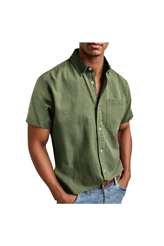 Mens Short Sleeve Button up Suede Shirts Beach Tops Lapel Collar Plain Summer T Shirt with Pocket Army Green