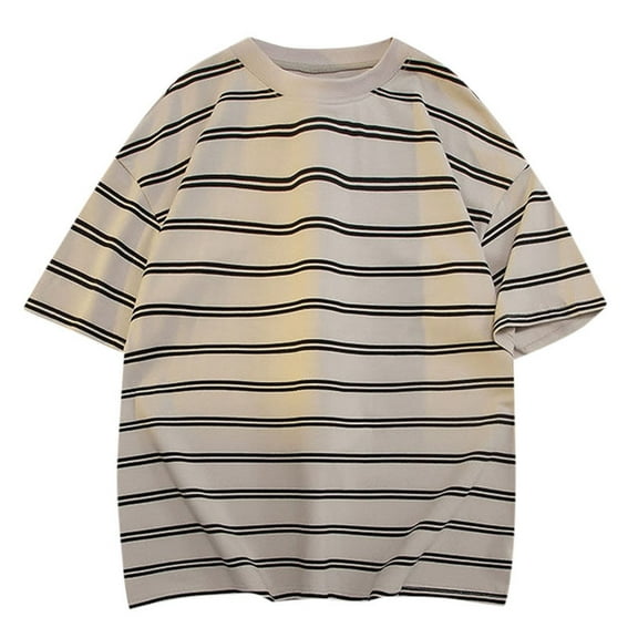 RYDCOT Mens Short Sleeve Cotton T-Shirts Striped Casual Crewneck Basic Shirt Color Block Stretch Summer Beach Tees Oversize Khaki