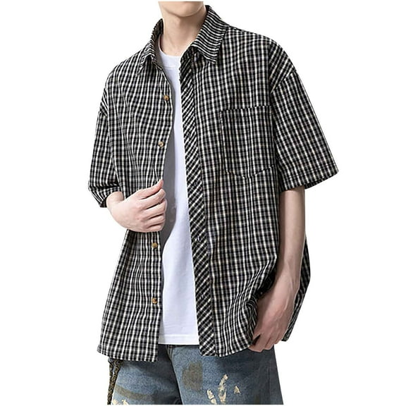 RYDCOT Mens Short Sleeve Plaid Casual Button Down Shirts Fit Lapel Top Shirts with Pocket Black