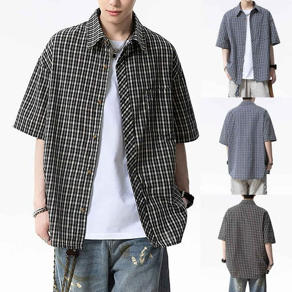 RYDCOT Mens Short Sleeve Plaid Casual Button Down Shirts Fit Lapel Top Shirts with Pocket Blue