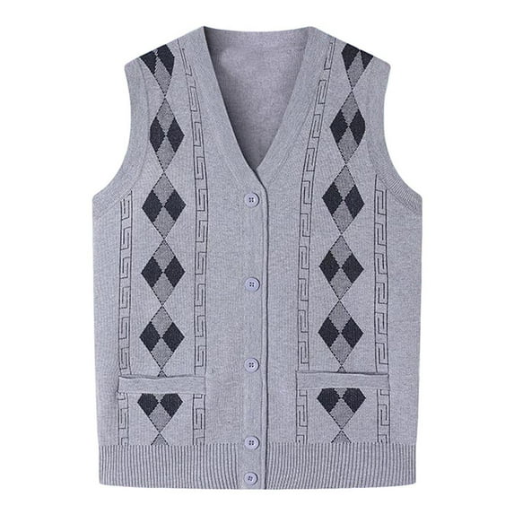 RYDCOT Men's Classic V Neck Knitted Sweater Vest Sleeveless Button Front Knit Vest with Pocket Gray