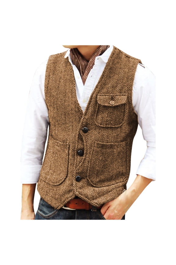 Mens Sleeveless V-Neck Single Breasted Vest Solid Color Outdoor Multi Pocket Top Brown