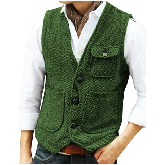 RYDCOT Mens Sleeveless V-Neck Single Breasted Vest Solid Color Outdoor Multi Pocket Top Green