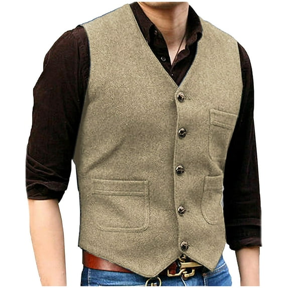 RYDCOT Mens Sleeveless V-Neck Single Breasted Vest Solid Color Outdoor Multi Pocket Top Khaki