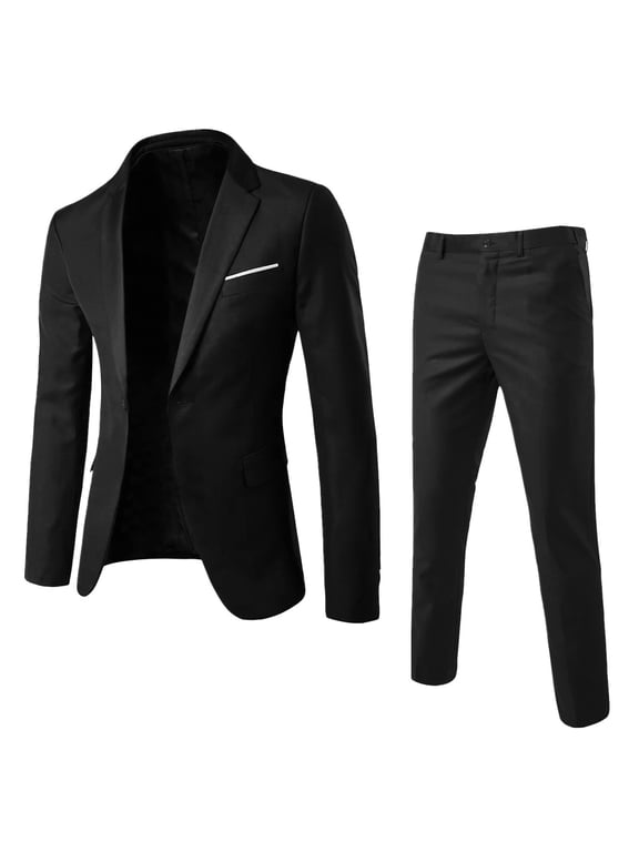 Mens Slim Fit 2 Piece Suit Solid Color Dress Stage Performance Button Long Sleeve Coat Pants Suit Set Black 4(XL)