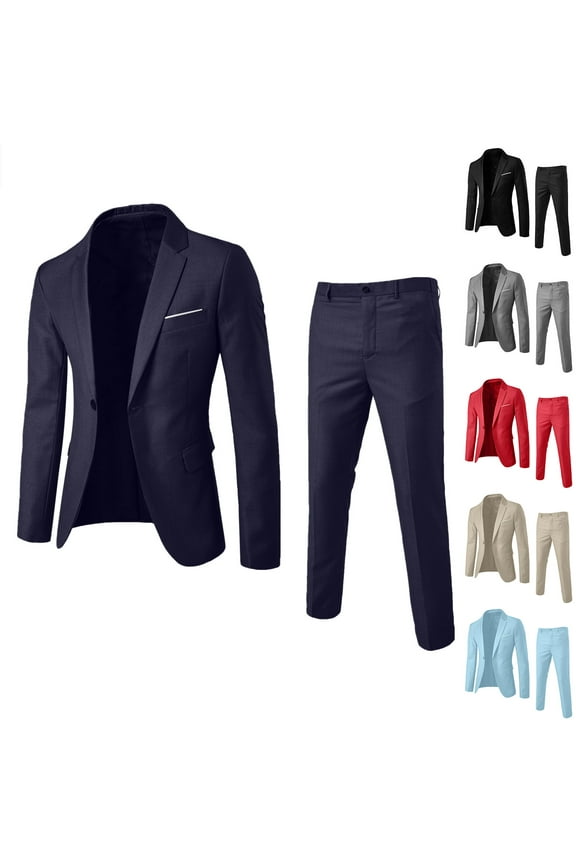 Mens Slim Fit 2 Piece Suit Solid Color Dress Stage Performance Button Long Sleeve Coat Pants Suit Set Navy 4(XL)