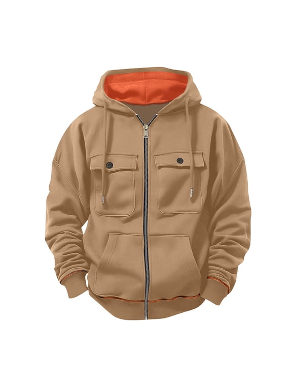 Mens Sweatshirt Jacket Zip Up Fall Winter Jacket with Hood Casual Long Sleeve Military Jacket Fleece Drawstring Jacket with Pockets Khaki,XL