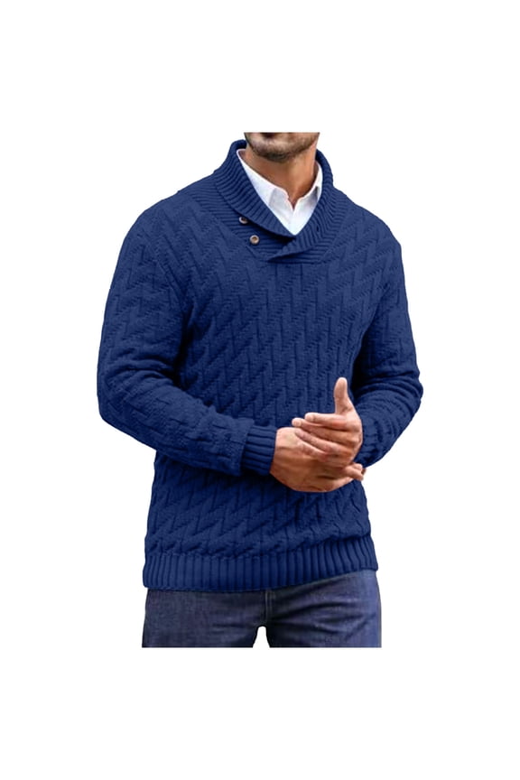 Mens Slim Knit Sweater Shawl Collar Solid Color Long Sleeve Semi Turtleneck Cable Knit Sweater Dark Blue