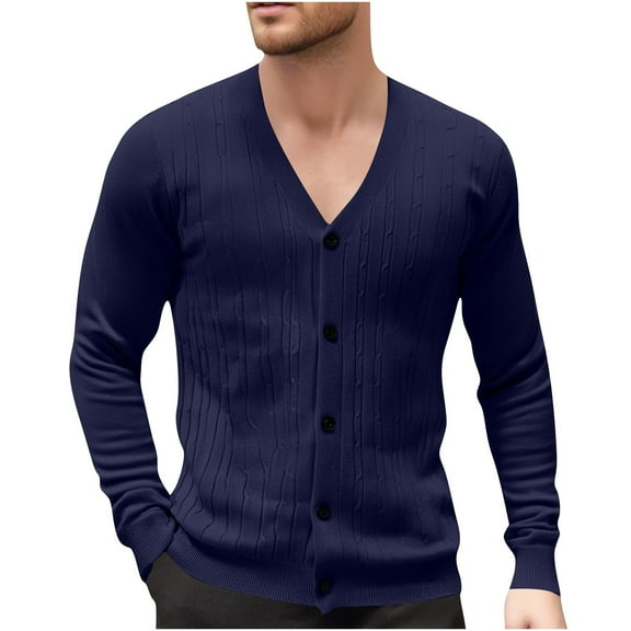 RYDCOT Mens Solid Color Cardigan Sweater Casual V Neck Button Cardigan Knitted Winter Sweaters Navy L(L)