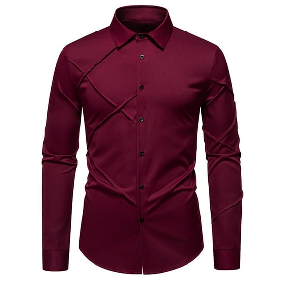 RYDCOT Mens Solid Color Lapel Slim Fit Cotton Shirts Button Down Long Sleeve Business Casual Polo Collared Dress Tee Shirts Top for Fall Winter Wine